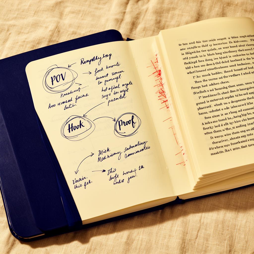 A strategist's notebook — POV, Hook, Proof.